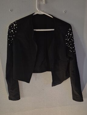 Black Pearl-Embellished Open Front Women's Jacket